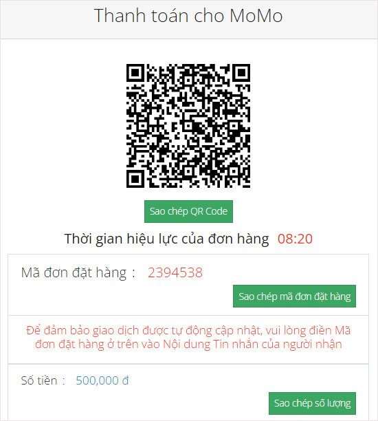 Quét mã QR trên ví Momo để thanh toán