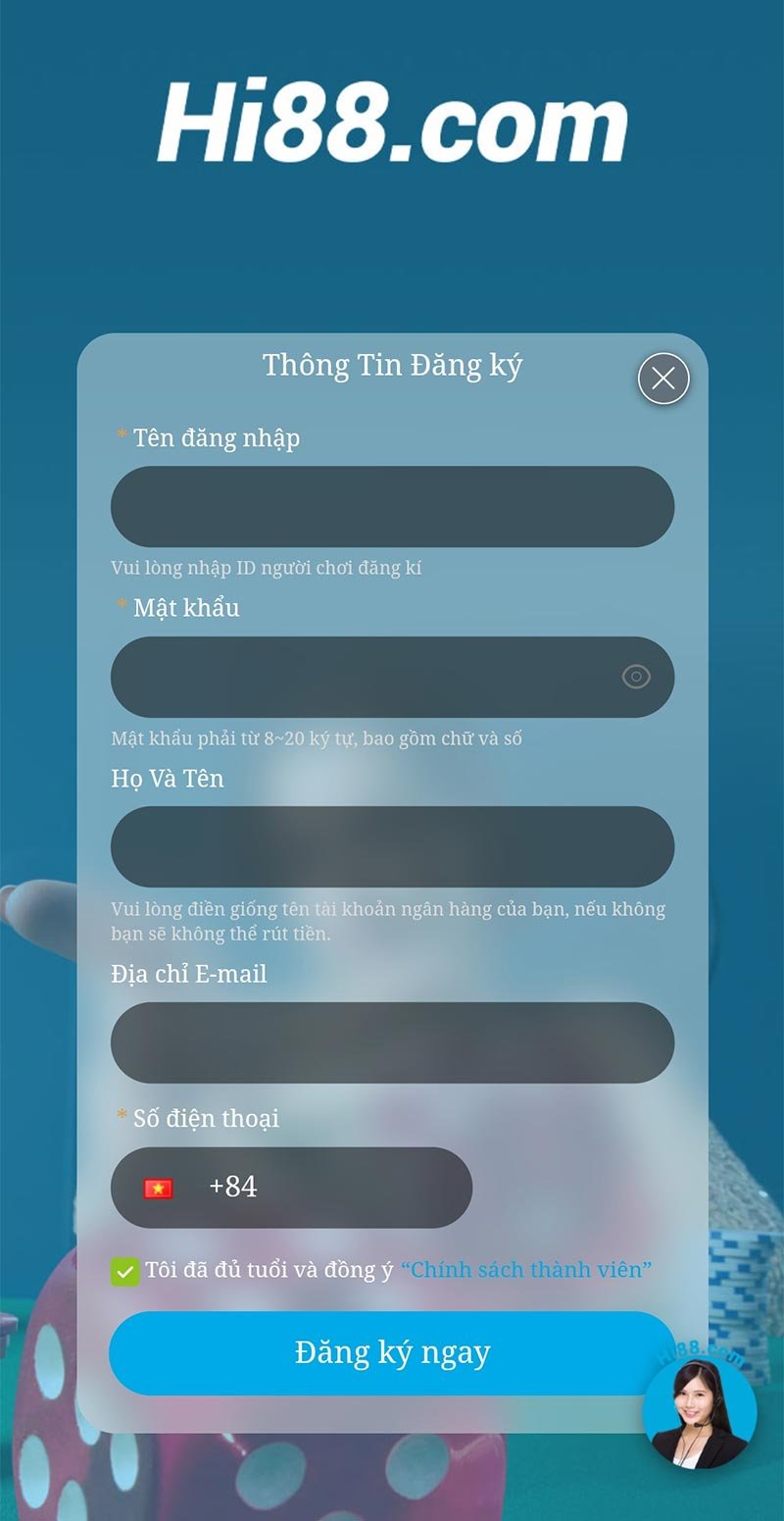 Điền thông tin đăng ký hi88 trên điện thoại
