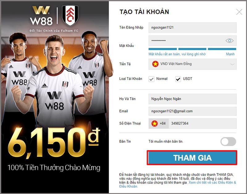 Tạo tài khoản cá cược tại nhà cái w88