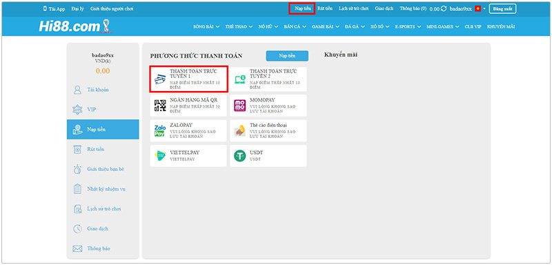 Nhấp vào ô Nạp tiền và chọn Phương thức Thanh toán trực tuyến 1