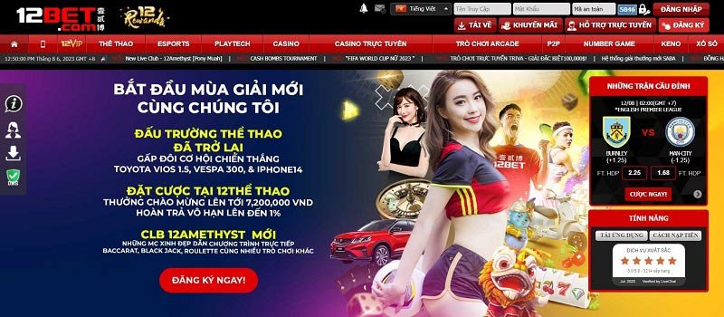 Giao diện màu đỏ và đen của nhà cái 12Bet chuyên nghiệp và hấp dẫn ngay từ lần đầu tiên người chơi truy cập