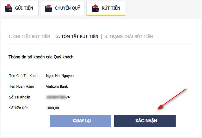 Xác nhận việc rút tiền về tài khoản ngân hàng