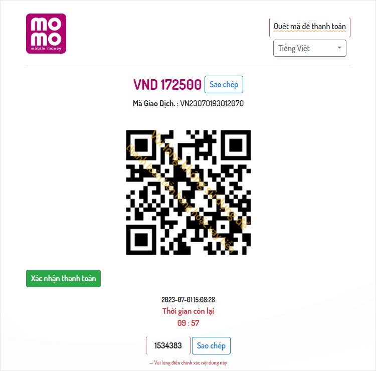 Momo hiển thị mã QR và bạn quét thanh toán