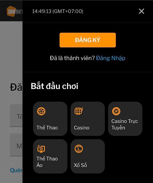 Vào mục đăng ký trên app 188Bet