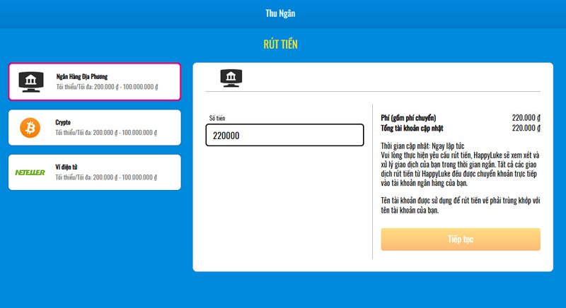 Hình thức rút tiền HappyLuke rất đa dạng